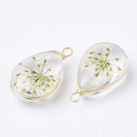 Vedhæng - Klar Dråbe Med Grøn Blomst (22x13mm) - Uniq Perler - 0000006004